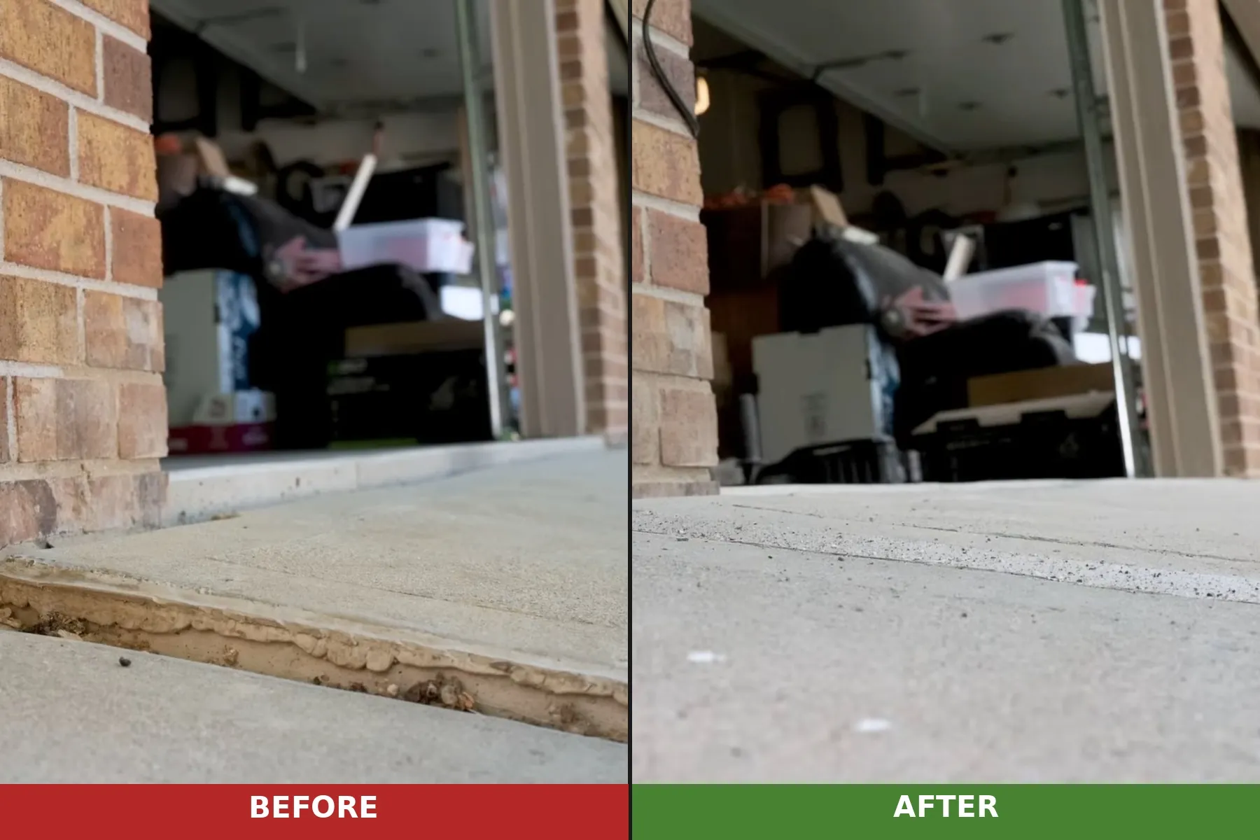 Before and after concrete leveling in Pocatello, ID - sunken driveway raised and leveled flush with garage floor